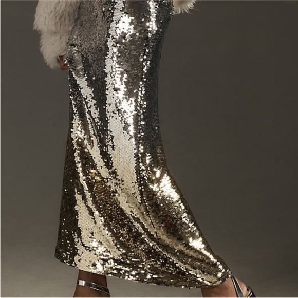 ANTHROPOLOGIE SEQUIN SILVER to GOLD MAXI SKIRT size M NWT $168 Show Stopper - Picture 3 of 7